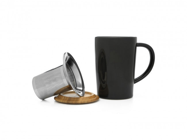 Tea mug 400ml, with stainless steel filter and bamboo lid, black