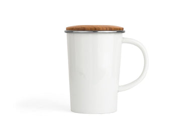 Tea mug 400ml, with stainless steel filter and bamboo lid, white